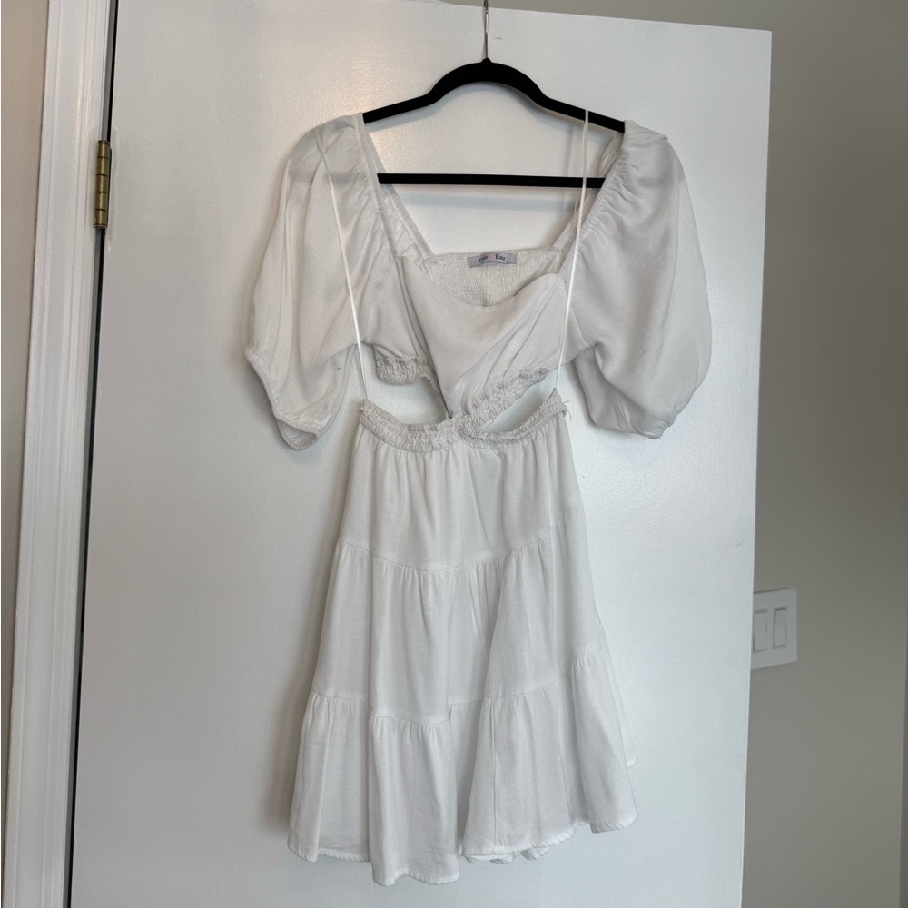 White Cutout Mini Dress with Puff Sleeve